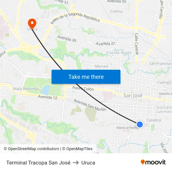 Terminal Tracopa San José to Uruca map