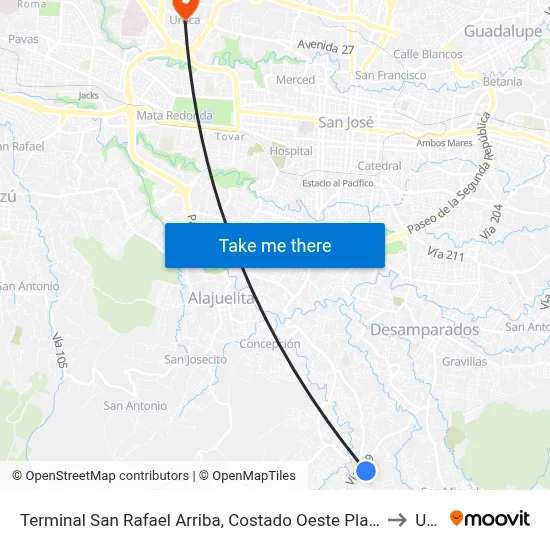 Terminal San Rafael Arriba, Costado Oeste Plaza De Deportes San Rafael Arriba to Uruca map