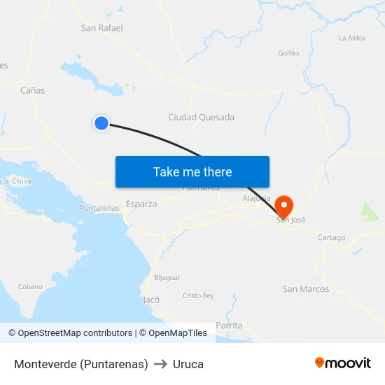 Monteverde (Puntarenas) to Uruca map