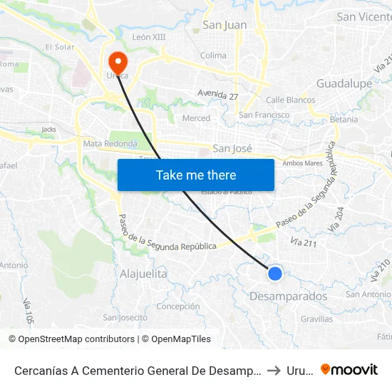 Cercanías A Cementerio General De Desamparados to Uruca map