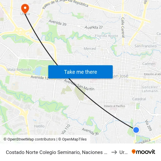 Costado Norte Colegio Seminario, Naciones Unidas San José to Uruca map