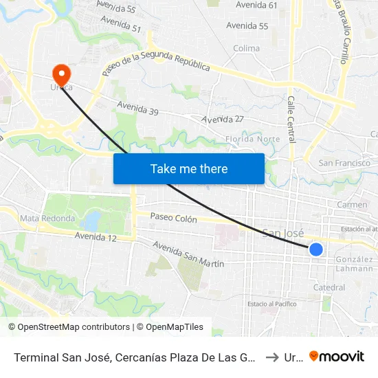 Terminal San José, Cercanías Plaza De Las Garantías Sociales La Soledad to Uruca map