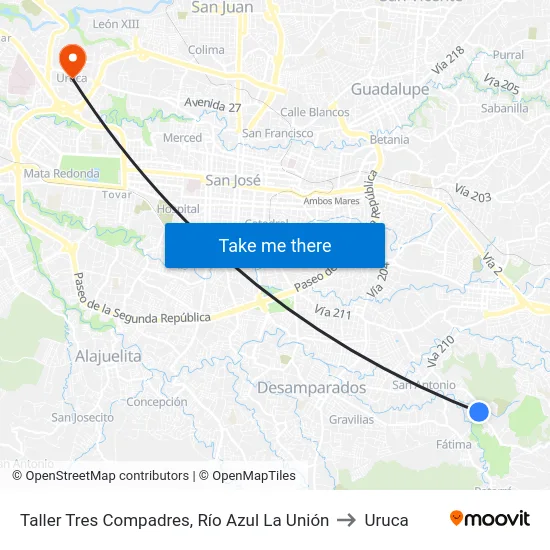 Taller Tres Compadres, Río Azul La Unión to Uruca map