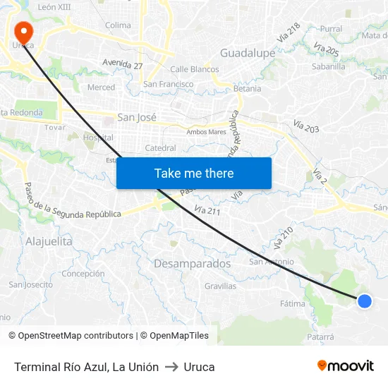 Terminal Río Azul, La Unión to Uruca map