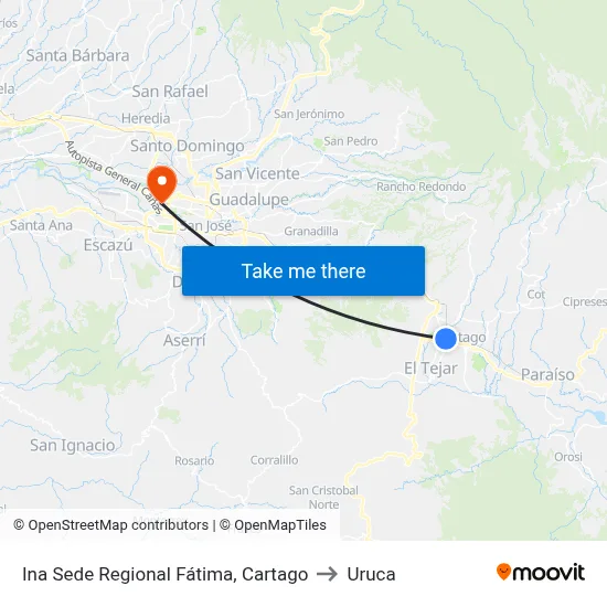 Ina Sede Regional Fátima, Cartago to Uruca map