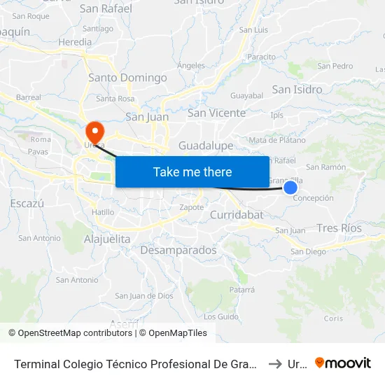 Terminal Colegio Técnico Profesional De Granadilla, Montes De Oca to Uruca map