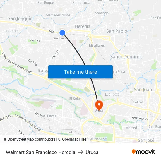 Walmart San Francisco Heredia to Uruca map