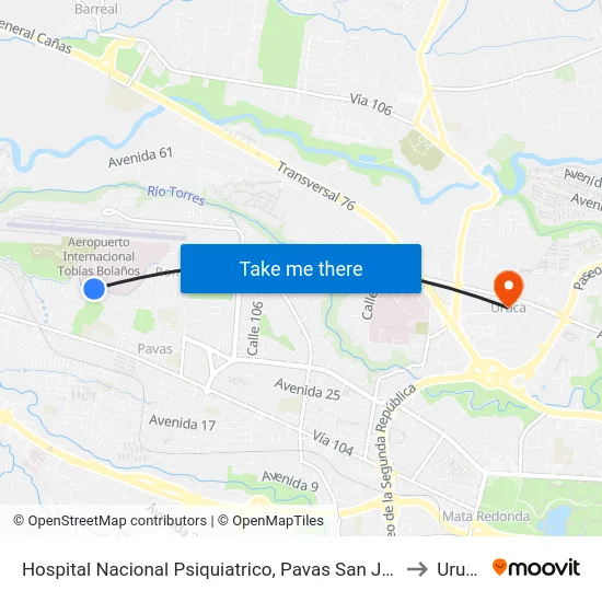 Hospital Nacional Psiquiatrico, Pavas San José to Uruca map