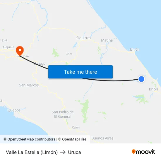 Valle La Estella (Limón) to Uruca map