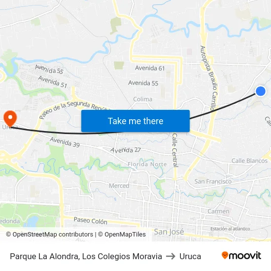 Parque La Alondra, Los Colegios Moravia to Uruca map