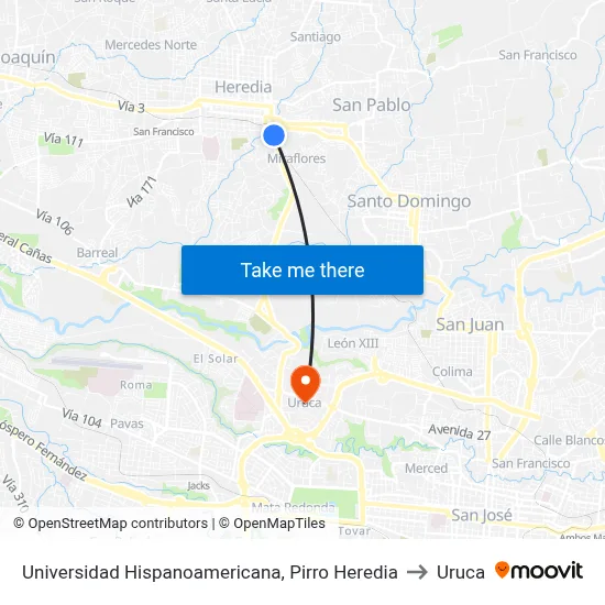 Universidad Hispanoamericana, Pirro Heredia to Uruca map