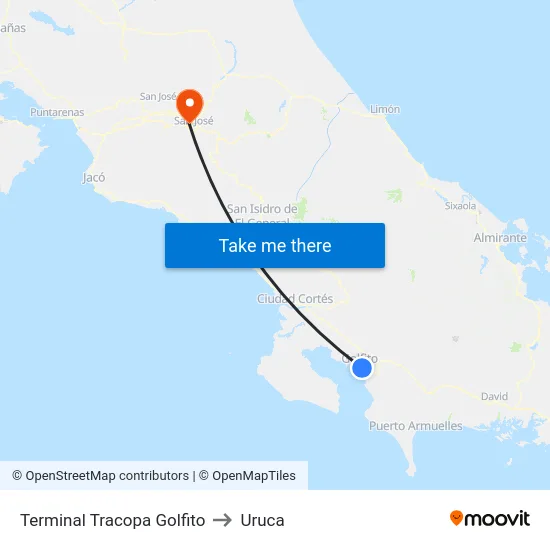 Terminal Tracopa Golfito to Uruca map