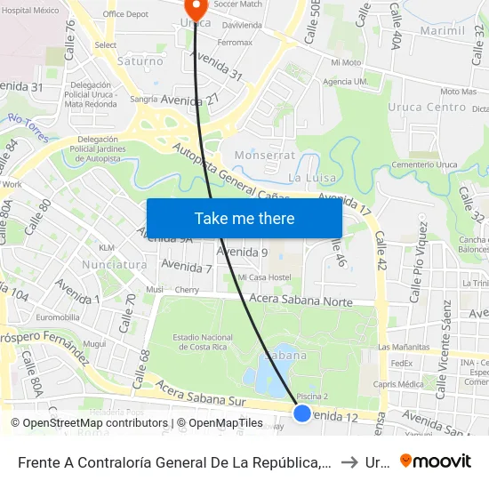 Frente A Contraloría General De La República, Sabana Sur San José to Uruca map