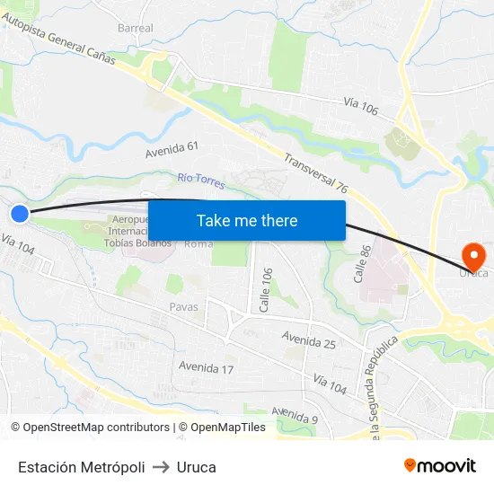 Estación Metrópoli to Uruca map