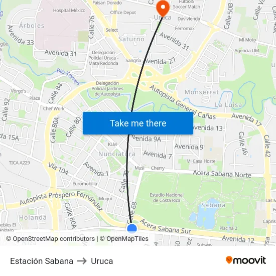 Estación Sabana to Uruca map