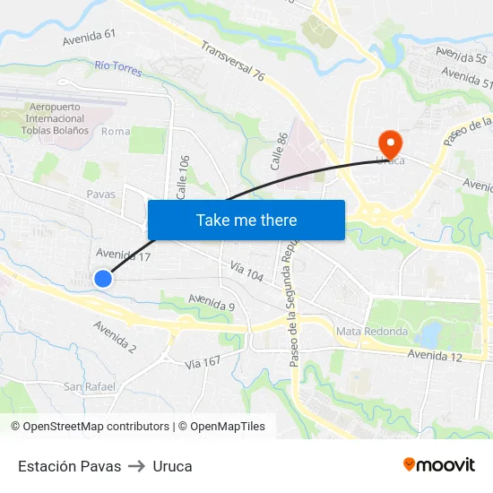Estación Pavas to Uruca map