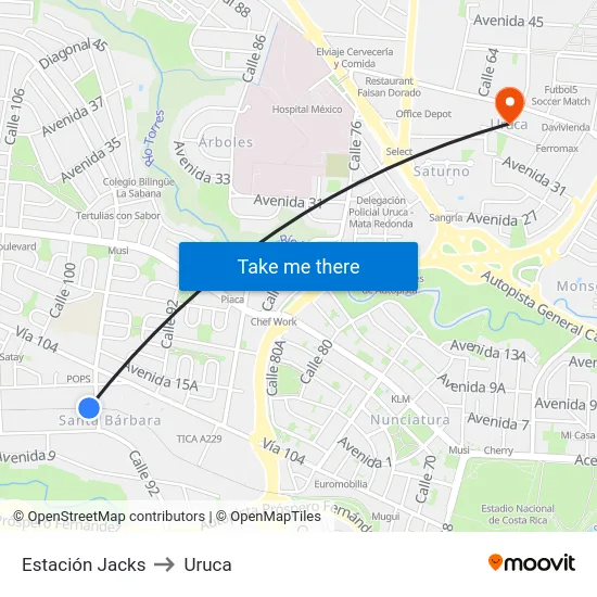 Estación Jacks to Uruca map