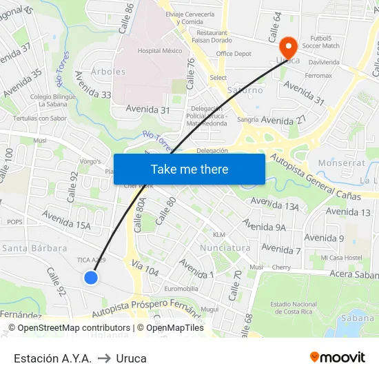 Estación A.Y.A. to Uruca map