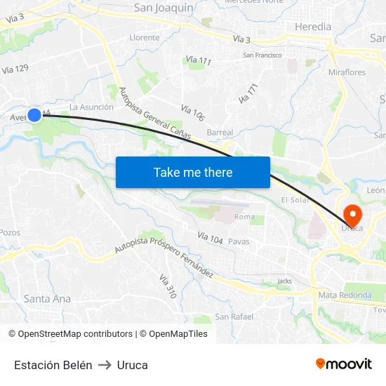 Estación Belén to Uruca map