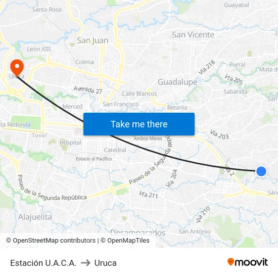 Estación U.A.C.A. to Uruca map