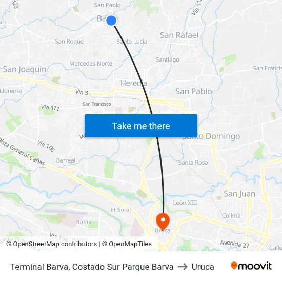 Terminal Barva, Costado Sur Parque Barva to Uruca map