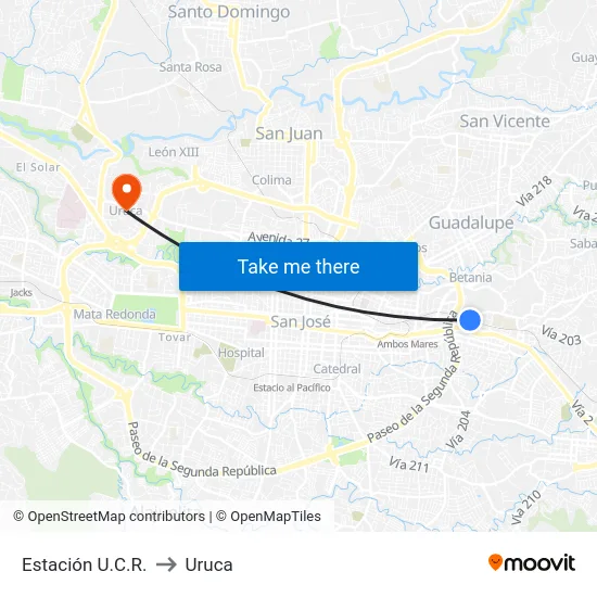 Estación U.C.R. to Uruca map