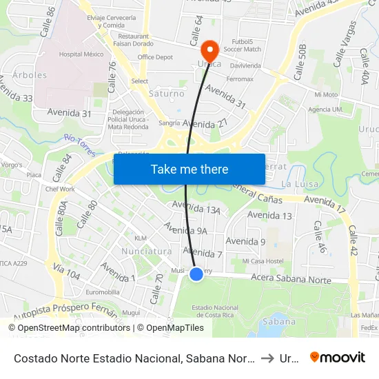 Costado Norte Estadio Nacional, Sabana Norte San José to Uruca map