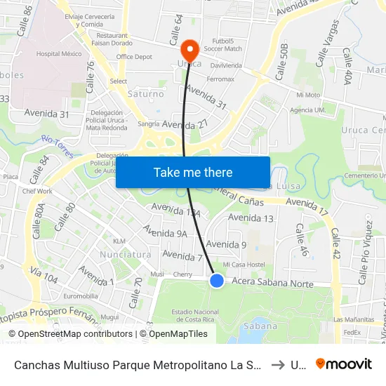 Canchas Multiuso Parque Metropolitano La Sabana, Sabana Norte San José to Uruca map