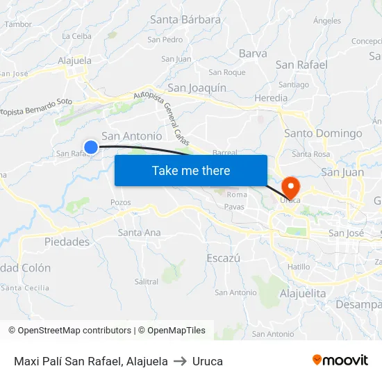Maxi Palí San Rafael, Alajuela to Uruca map
