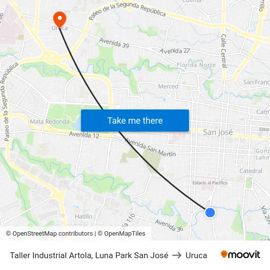 Taller Industrial Artola, Luna Park San José to Uruca map