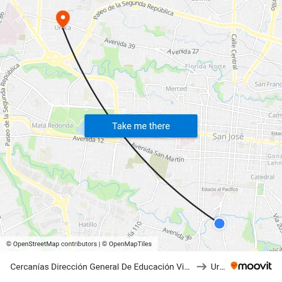 Cercanías Dirección General De Educación Vial, Luna Park San José to Uruca map