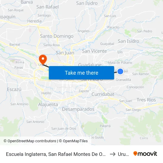 Escuela Inglaterra, San Rafael Montes De Oca to Uruca map