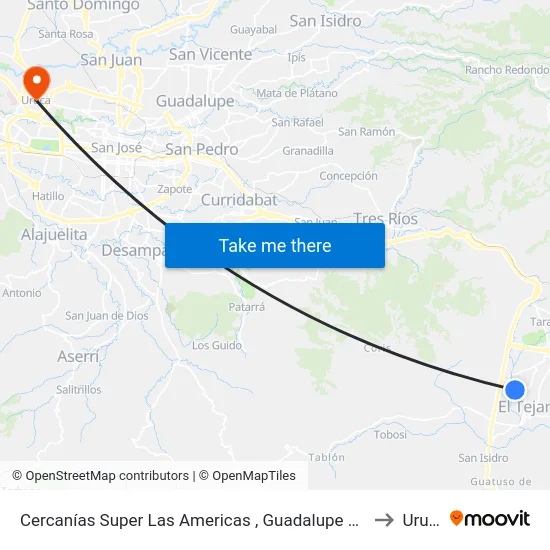 Cercanías Super Las Americas , Guadalupe Cartago to Uruca map