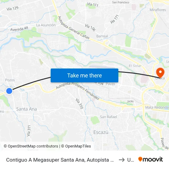 Contiguo A Megasuper Santa Ana, Autopista Próspero Fernández Santa Ana to Uruca map