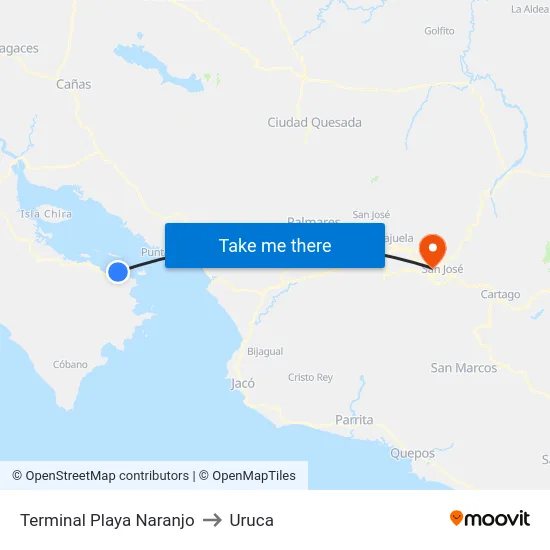 Terminal Playa Naranjo to Uruca map