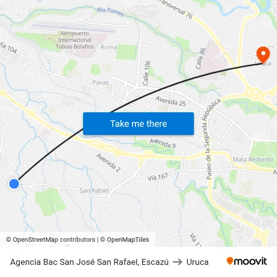 Agencia Bac San José San Rafael, Escazú to Uruca map