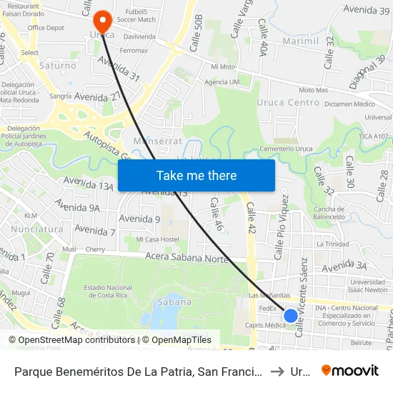 Parque Beneméritos De La Patria, San Francisco San José to Uruca map