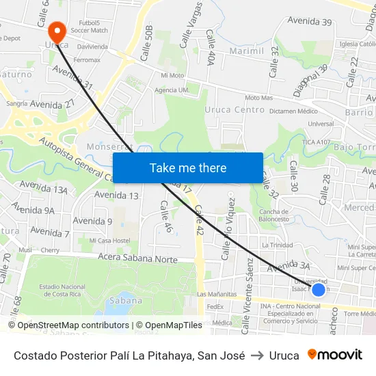 Costado Posterior Palí La Pitahaya, San José to Uruca map