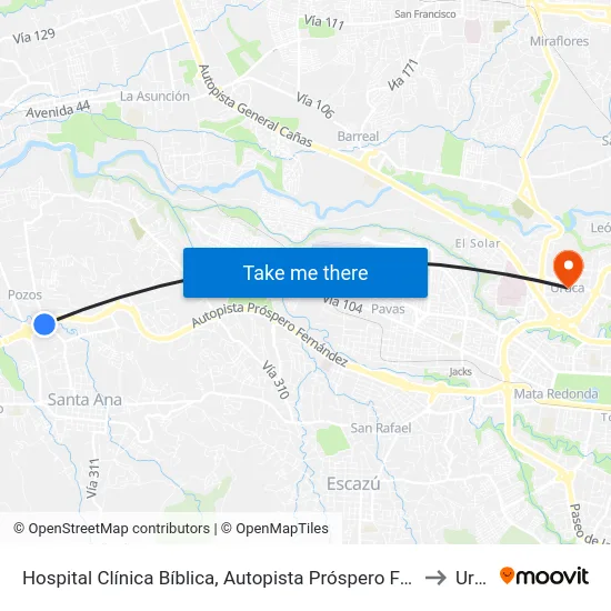 Hospital Clínica Bíblica, Autopista Próspero Fernández Santa Ana to Uruca map