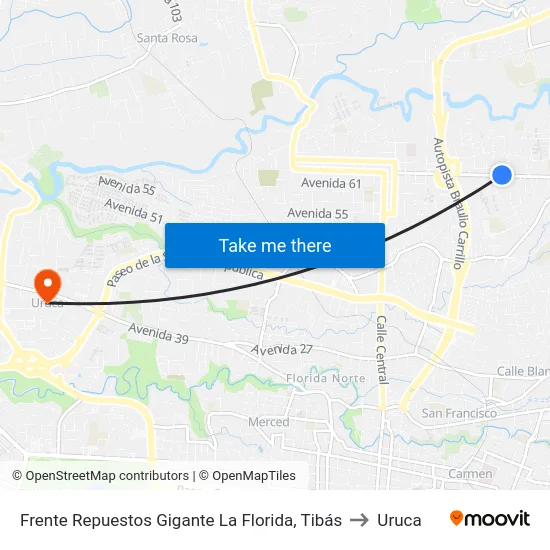 Frente Repuestos Gigante La Florida, Tibás to Uruca map
