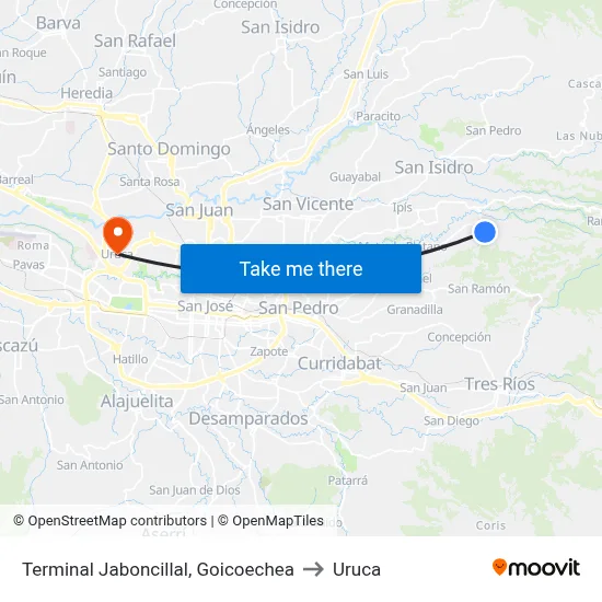 Terminal Jaboncillal, Goicoechea to Uruca map