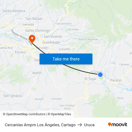 Cercanías Ampm Los Ángeles, Cartago to Uruca map