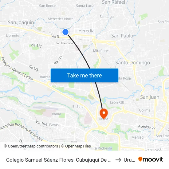 Colegio Samuel Sáenz Flores, Cubujuquí De Heredia to Uruca map
