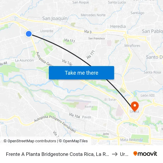 Frente A Planta Bridgestone Costa Rica, La Ribera Belén to Uruca map
