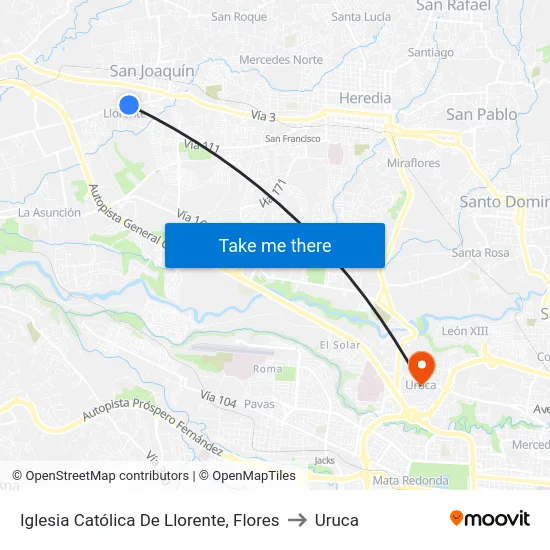 Iglesia Católica De Llorente, Flores to Uruca map