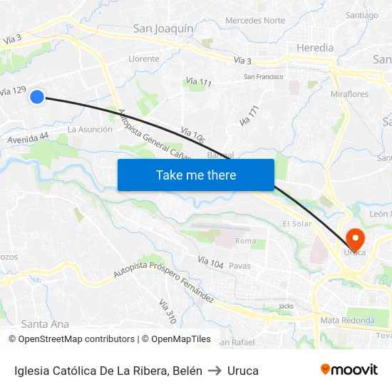 Iglesia Católica De La Ribera, Belén to Uruca map