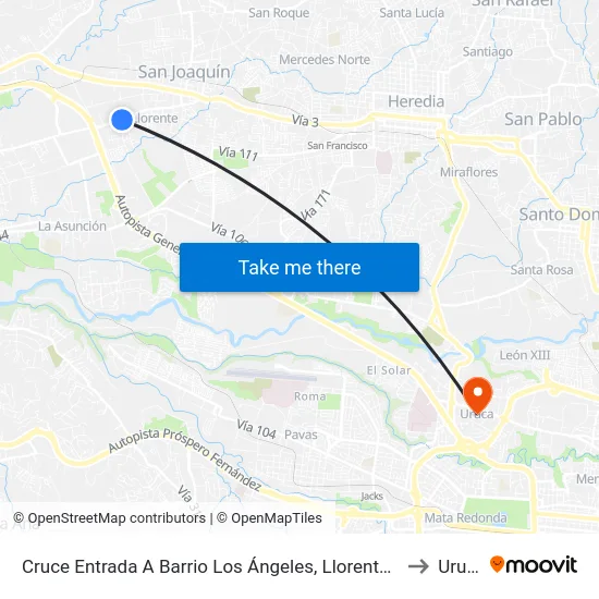 Cruce Entrada A Barrio Los Ángeles, Llorente Flores to Uruca map