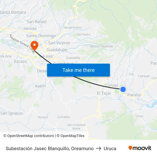 Subestación Jasec Blanquillo, Oreamuno to Uruca map