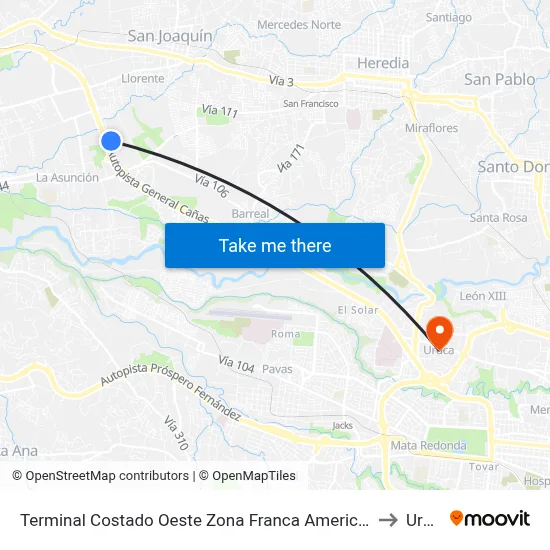 Terminal Costado Oeste Zona Franca Americana, Heredia to Uruca map