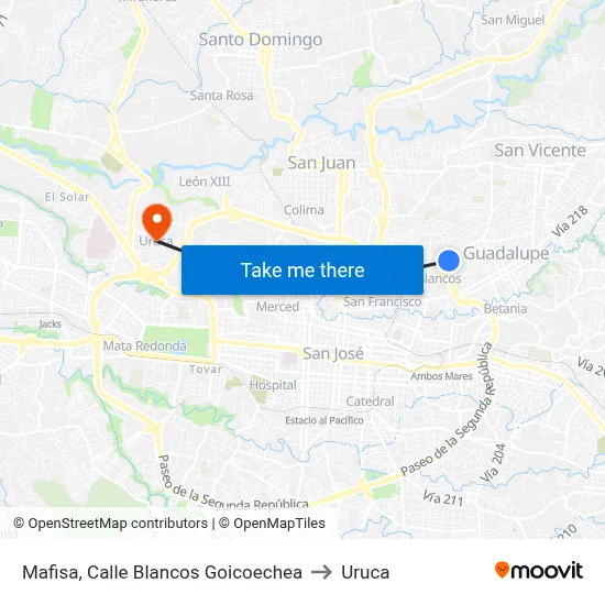 Mafisa, Calle Blancos Goicoechea to Uruca map